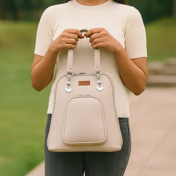 Ladies’ Grey Vegan Leather Backpack – Top Handle Daypack - Picture 2 of 10